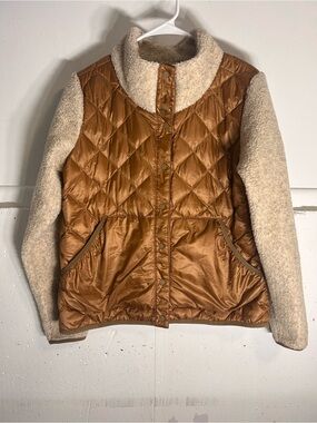 REI Quilted Bronze Puffer Jacket with Cream Sherpa Sleeves